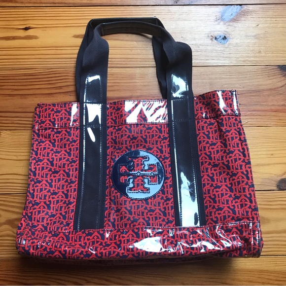 Tory Burch Red Navy Waterproof Tote Bag, EUC, 16” - Picture 3 of 15